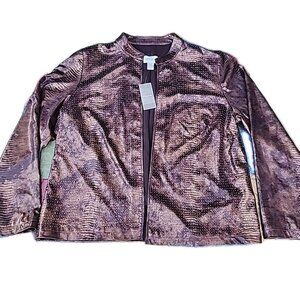RTL $149 CHICOS Brown Faux Leather Artisan Studded Copper Shimmer Jacket Sz 2
